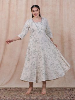 ARAMYA - Off White Linen Cotton Floral Print Kurta for Women