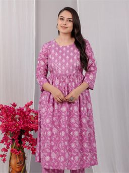 ARAMYA - Pink Soft Cotton A-Line Floral Print Kurta for Women