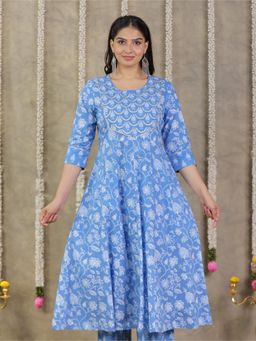 ARAMYA - Blue Soft Cotton Anarkali Floral Print Kurta for Women