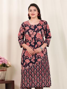 ARAMYA - Black Soft Cotton Straight Floral Print Kurta for Women