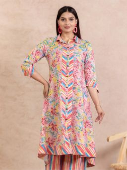 ARAMYA - Pink Soft Cotton High Low Floral Print Kurta for Women