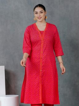 ARAMYA - Pink Soft Cotton Floral Print Kurta for Women