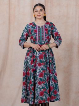 ARAMYA - Green Soft Cotton Floral Print Kurta for Women