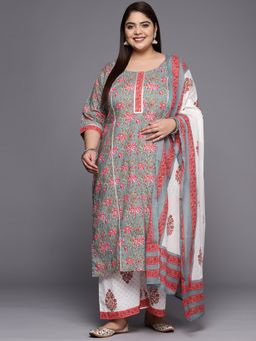 Extra love by Libas - Plus Size Women Grey Printed Cotton Straight Kurta Sets for Women