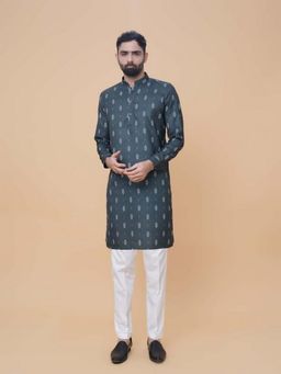 EKATVA ETHNIC - Men Dark Green Printed Cotton Linen Straight Kurta with Pant