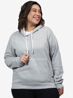 Instafab Plus - Size Women Solid Casual Hooded Sweatshirt Grey