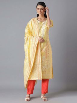 Aurelia - Yellow Printed Kurta, Orange Trousers And Dupatta (Set of 3)