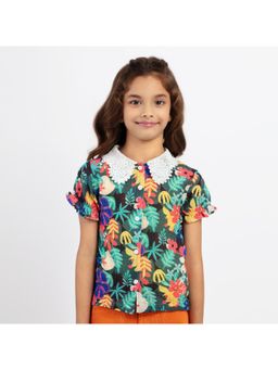 Bright Star Kids Wear - Girls Navy Blue Lace Collar Floral Printed Shirt