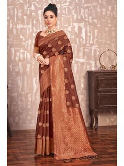 EXCLUSIVA - Brown Cotton Silk Saree with Unstitched