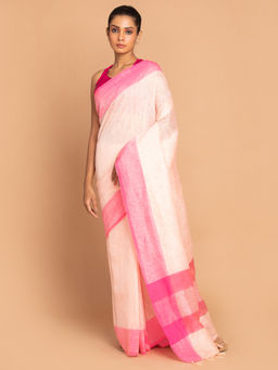 Indethnic - Banarasi Pink Solid Work Wear Saree With Unstitched Blouse