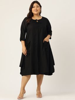 theRebelinme - Plus Size Women Black Solid Color Round Neck Layered Midi Dress (Set of 2)