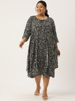 theRebelinme - Plus Size Women Black Batik Floral Round Neck Layered Midi Dress (Set of 2)