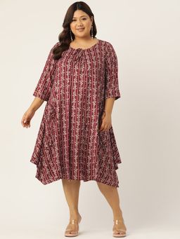 theRebelinme - Plus Size Women Maroon Gold Foil Printed Round Neck Layered Midi Dress (Set of 2)