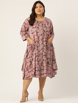 theRebelinme - Plus Size Women Maroon Rose Floral Round Neck Layered Midi Dress (Set of 2)