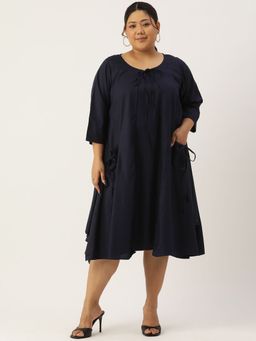 theRebelinme - Plus Size Women Navy Blue Solid Color Round Neck Layered Midi Dress (Set of 2)