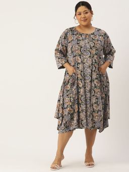 theRebelinme - Plus Size Women Navy Blue Gold Foil Printed Layered Midi Dress (Set of 2)