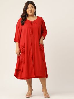 theRebelinme - Plus Size Women Red Solid Color Round Neck Layered Midi Dress (Set of 2)
