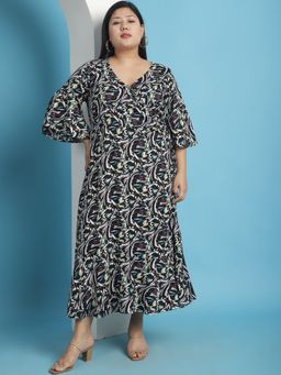 theRebelinme - Plus Size Women Black Abstract Printed A-Line Maxi Dress