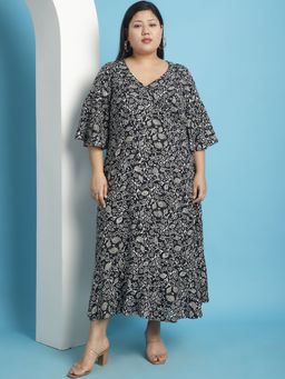 theRebelinme - Plus Size Women Black Batik Floral Printed A-Line Maxi Dress