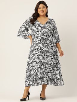 theRebelinme - Plus Size Women Black White Floral Printed A-Line Maxi Dress