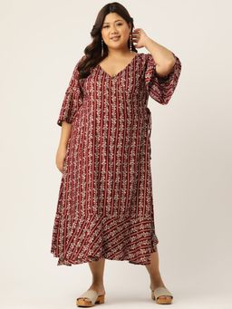 theRebelinme - Plus Size Women Maroon Gold Foil Printed A-Line Maxi Dress