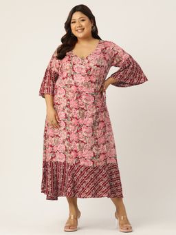 theRebelinme - Plus Size Women Maroon Rose Floral Printed A-Line Maxi Dress