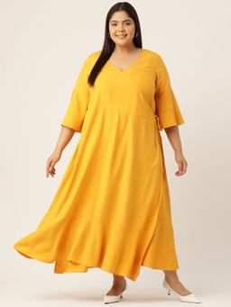 theRebelinme - Plus Size Women Mustard Solid Color A-Line Maxi Dress
