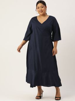 theRebelinme - Plus Size Women Navy Blue Solid Color A-Line Maxi Dress