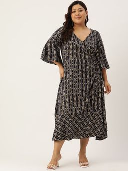 theRebelinme - Plus Size Women Navy Blue Gold Foil Printed A-Line Maxi Dress
