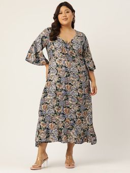 theRebelinme - Plus Size Women Navy Blue Gold Foil Printed A-Line Maxi Dress