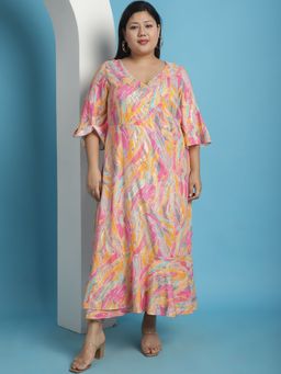 theRebelinme - Plus Size Women Multi Color Gold Foil Printed A-Line Maxi Dress