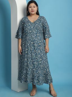 theRebelinme - Plus Size Women Teal Batik Floral Printed A-Line Maxi Dress