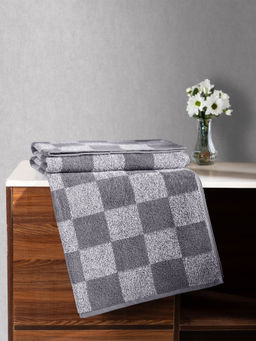MYTRIDENT - Grey 450 Gsm Checks 100% Cotton Bath Towel
