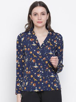 Oxolloxo - Space Rest Printed Comgy Women Nightwear Shirt Blue