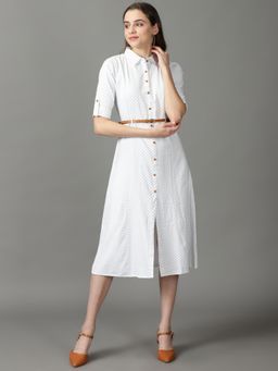 SHOWOFF - Womens Printed Shirt Collar White Midi Dress (Set of 2)