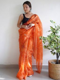 Odette - Orange Organza Printed Saree with Unstitched Blouse