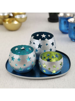 HomeTown - Aruba Iron Set of 4 Cut Work Votive with Platter in Indigo Colour