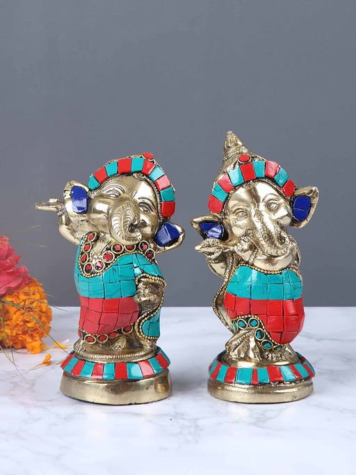 AAPNO RAJASTHAN Lord Ganesh Figurines with A Flute (Set Of 2)
