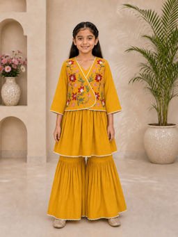 BITIYA BY BHAMA - Girls Yellow Cotton Silk Kurta with Sharara