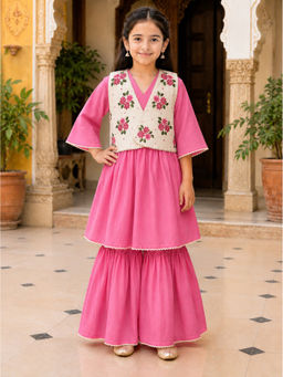 BITIYA BY BHAMA - Girls Off White Cotton Silk Kurta and Sharara and Jacket