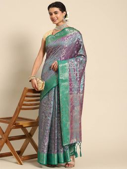 Odette - Teal Silk Blend Woven Saree with Unstitched Blouse