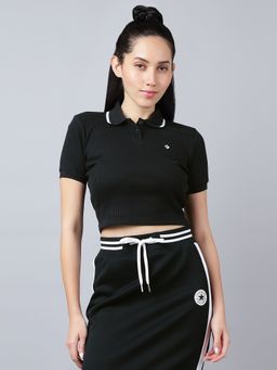 Converse - Women Black Slim Fit Button Up Crop Polo T-shirt