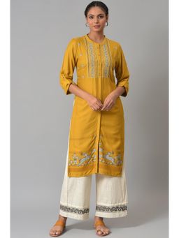 W - Yellow Embroidered Kurta with Parallel Pants (Set of 2)