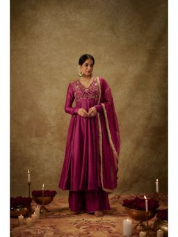 THE AARYA - Gul Magenta Embroidered Anarkali Kurta with Palazzo and Dupatta (Set of 3)