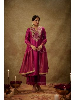 THE AARYA - Falak Magenta Embroidered Kurta with Palazzo and Dupatta (Set of 3)