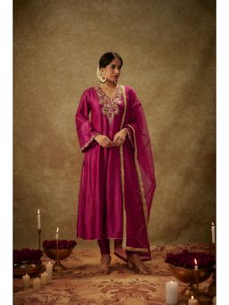 THE AARYA - Roop Magenta Embroidered Anarkali Kurta with Pant and Dupatta (Set of 3)