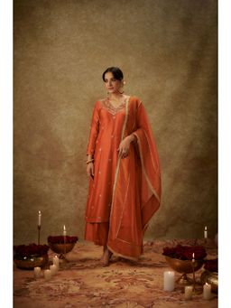 THE AARYA - Siara Orange Embroidered Kurta with Palazzo and Dupatta (Set of 3)