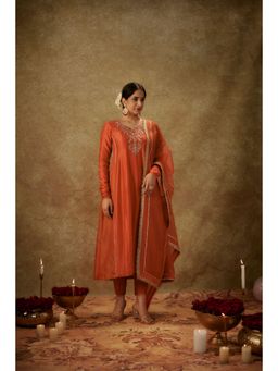 THE AARYA - Haya Orange Embroidered Anarkali Kurta with Pant and Dupatta (Set of 3)