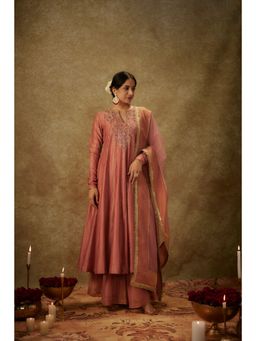 THE AARYA - Ara Pink Embroidered Anarkali Kurta with Palazzo and Dupatta (Set of 3)