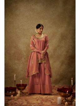 THE AARYA - Erva Pink Embroidered Kurti with Palazzo and Dupatta (Set of 3)